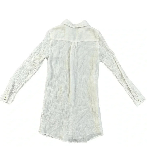 TAHARI Size S 100% Linen TunicShirt Button Front Roll Tab Sleeve Side Slit White - Picture 2 of 7